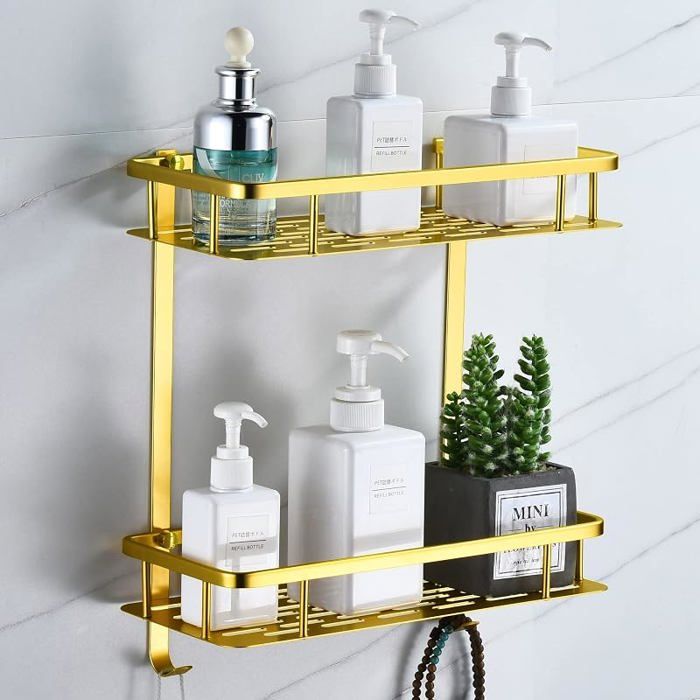 Etagere Douche orÉtagère Murale Salle de Bain Sans Percage Panier Rangement en Métal Serviteur pour le 2 Paniers Doré Vif