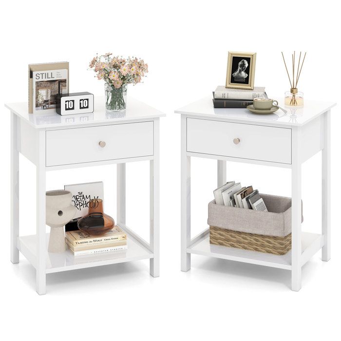 Lot de 2 Tables de Chevet en Bois-COSTWAY-avec Tiroir et Étagère Ouverte Style Contemporain 48x40x58CM Blanc pour Salon Chambre Lot de 2 Tables de Chevet en Bois-COSTWAY-avec Tiroir et Étagère Ouverte Style Contemporain 48x40x58CM Blanc pour Salon Chambre