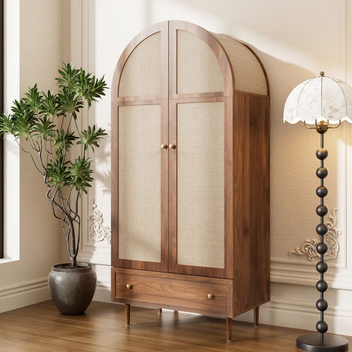 Armoire penderie AESVAR 2 portes avec tiroir 79 x 50 x 175 cm MDF aspect noyer portes en tissu