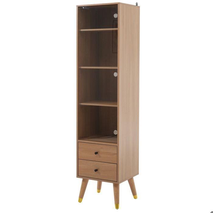 Vitrine haute moderne – meuble de rangement en MDF aspect bois porte vitrée 3 étagères réglables 2 tiroirs