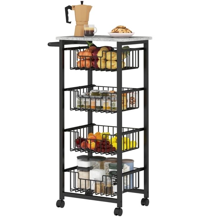 Desserte de cuisine à roulettes – 4 paniers coulissants – gris clair et noir – 49 5 x 31 x 91 cm