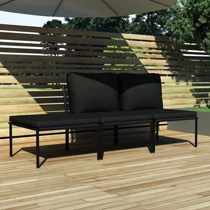Noir Salon de jardin 3 pcs avec coussins Noir PVC - Meuble de balcon LV59611