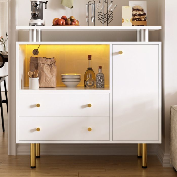 Buffet bas blanc avec LED 2 portes en verre 2 tiroirs et 1 porte pieds métalliques 80 x 35 x 80 cm