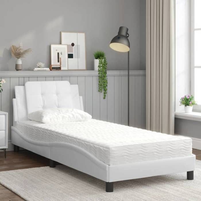 Cadre de lit avec tête de lit 90 x 190 cm en similicuir blanc - 1 personne - Sans matelas - Entretien facile - Sommier à lattes_FR57