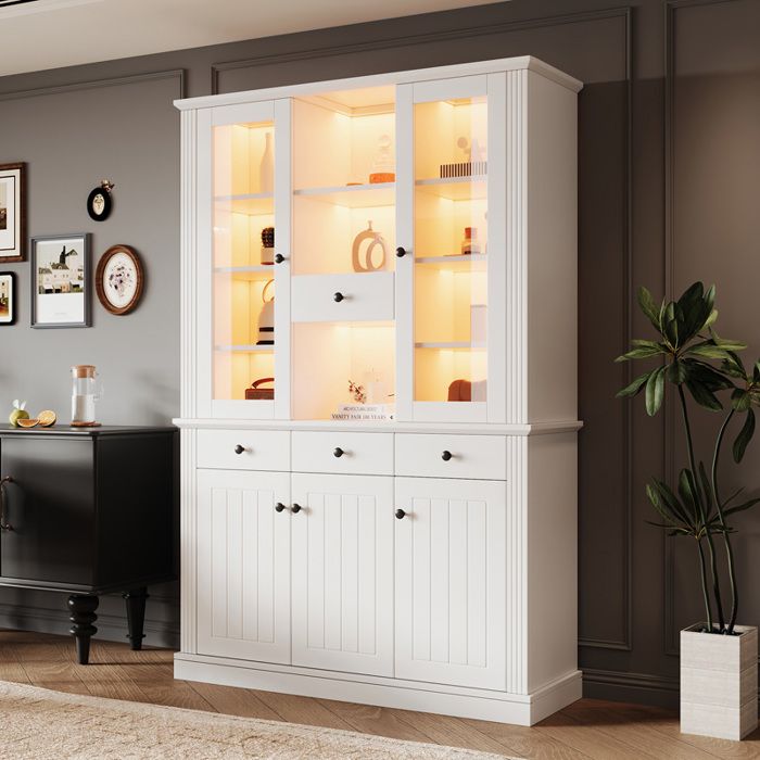 Vitrine 1195x40x180 cm avec LED 5 portes 4 tiroirs 21 espaces de rangement verre trempé et MDF blanc