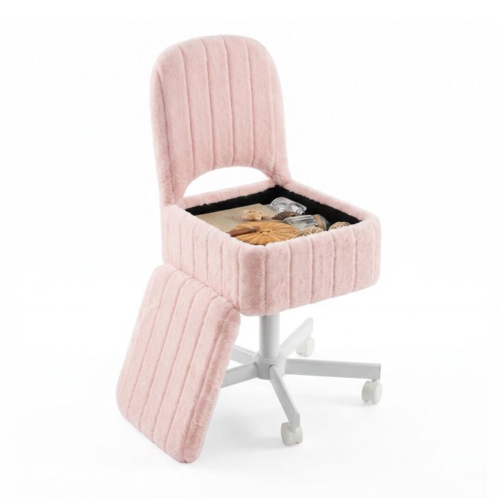 Tabouret de Coiffeuse Rose – Hauteur Réglable Pivotant 360° Dossier Pliable Roues Silencieuses Rangement Intégré-Petit