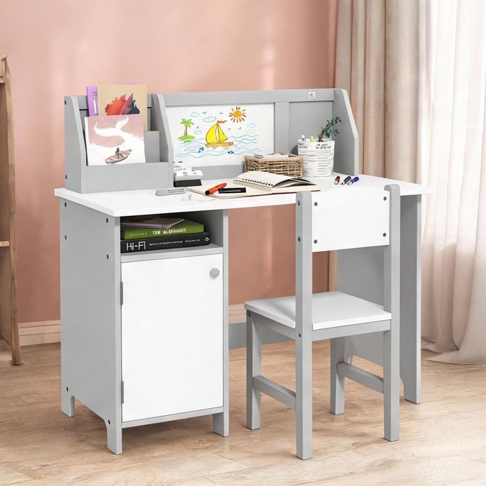 Bureau enfant 90x45x85 cm gris avec chaise et tableau blanc – MDF – à partir de 5 ans