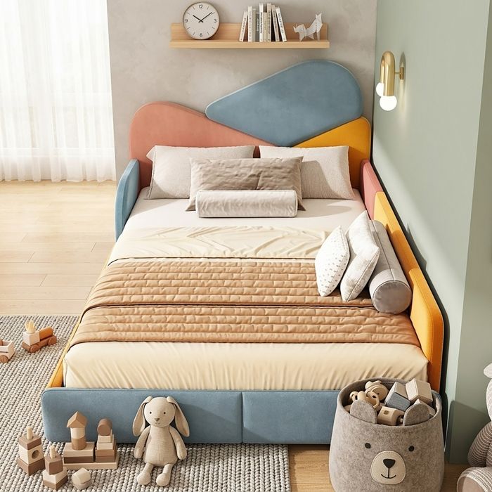 Lit Rembourré pour Enfant 140x200 cm Lit Simple Multicolore Lit de Sol avec Protection Anti-chute et Sommier à Lattes Lit Enfant
