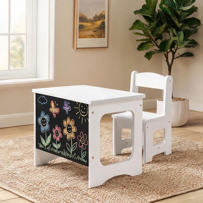 Ensemble table et chaise enfant en MDF blanc usage repas et dessin 3 à 6 ans dimensions 67 x 39 x 44 cm