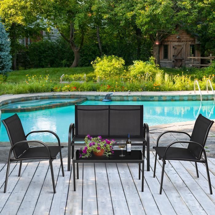 COSTWAY 4 Pcs Salon de Jardin en Tissu - Ensemble Table en Verre Trempé et Chaises 4 Personnes Patins Antidérapants - Noir