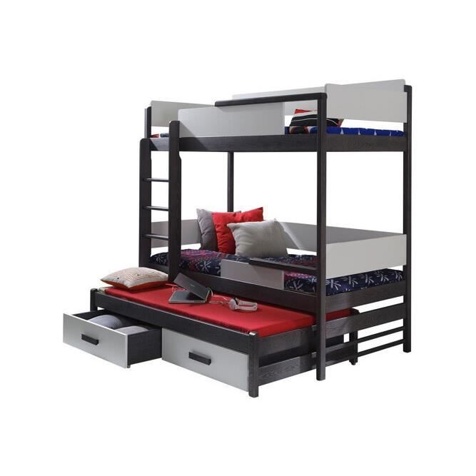 Lit superposés pour chambre enfant - Henderson 114 - Gris - A lattes - Avec tiroirs - 208x98x183cm