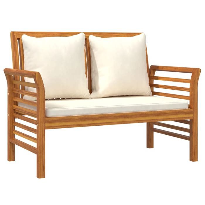 Banc de jardin meuble de patio d exterieur terrasse canape avec coussins blanc creme 120 x 60 x 81 cm bois d acacia soli