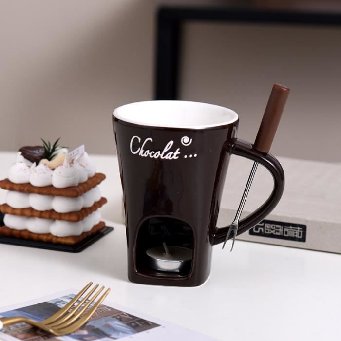 Lot De 2 Tasses à Fondue En Céramique 200 Ml - Avec Fourchettes Et Bougies Thé - Pour Chocolat, Fromage, Beurre - Idée Cadeau