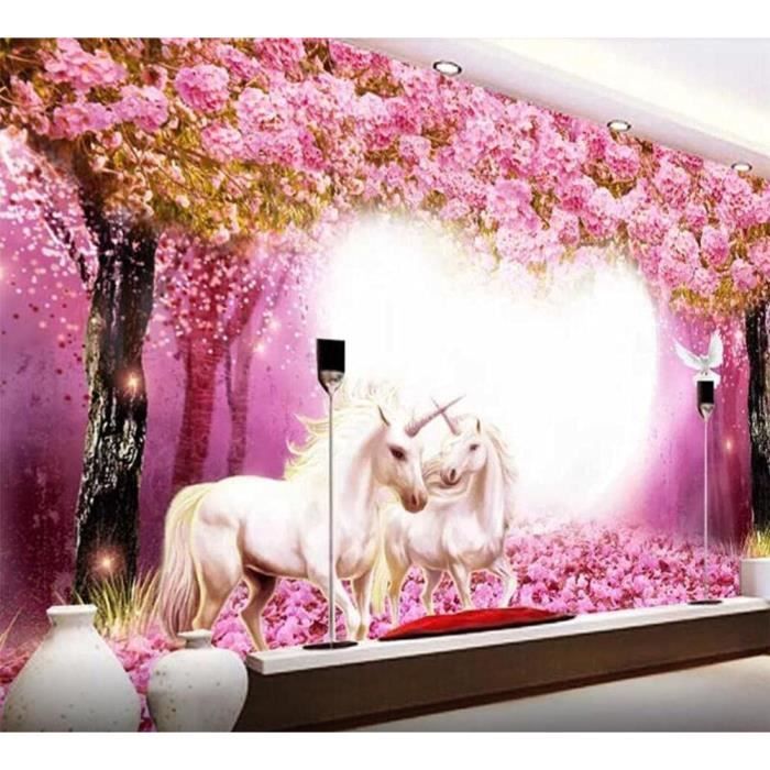 Papier Peint Panoramique 3D Belle Arbre De Fleur Rose Licorne Papier ...