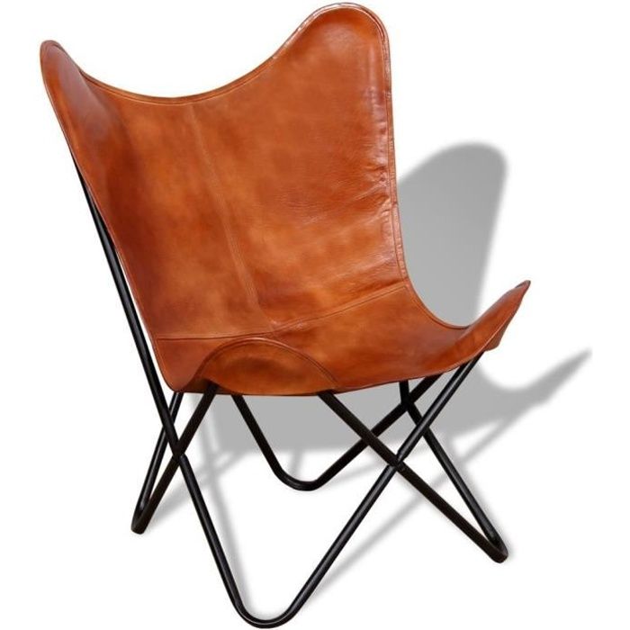 Chaise papillon en cuir véritable - Marron - Style rétro - Fauteuil salle à manger
