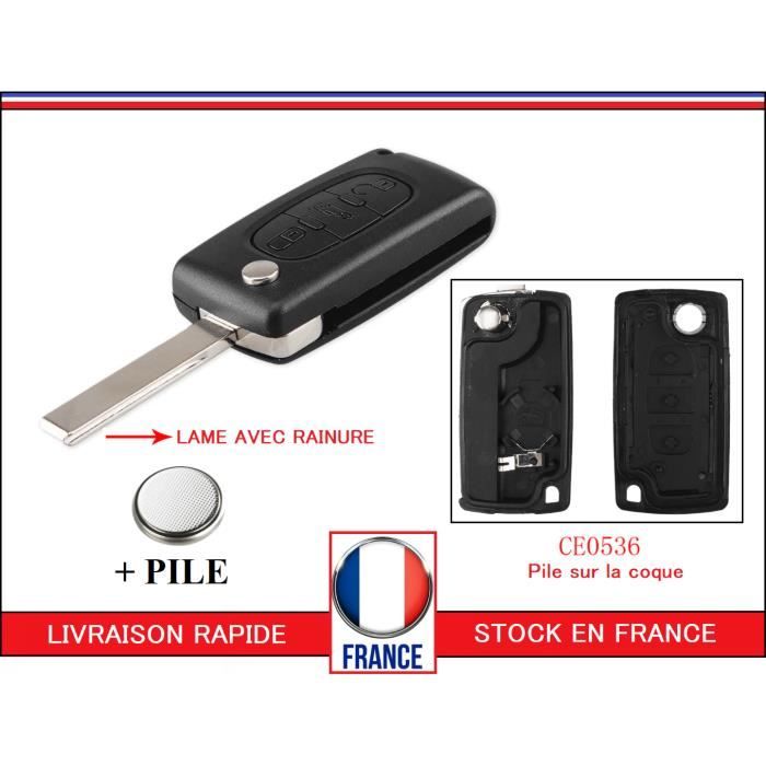 coque clé boitier Peugeot 3 boutons CE0536 Partner Expert Citroen C4 Berlingo + PILE