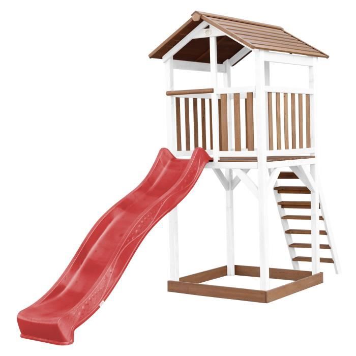 Aire de jeux avec toboggan et bac à sable - AXI - Beach Tower - Bois massif - Marron, blanc, rouge