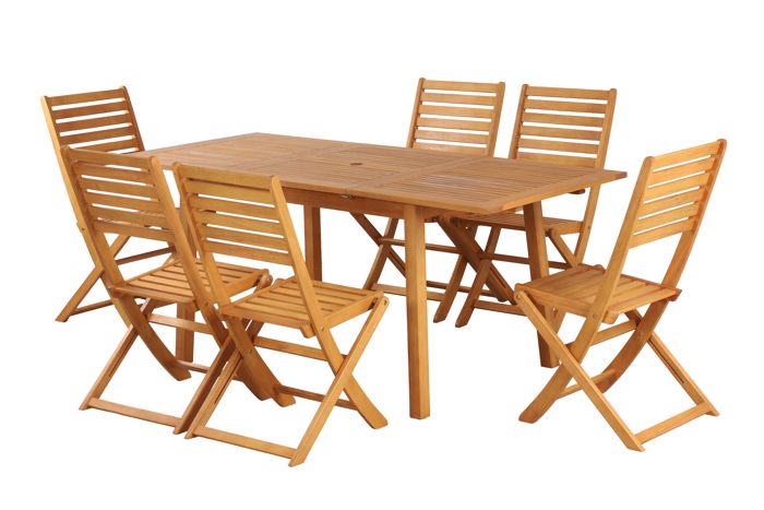 Ensemble repas de jardin - BEAU RIVAGE - PRATO - Bois d'eucalyptus - Table extensible - 6 chaises pliantes