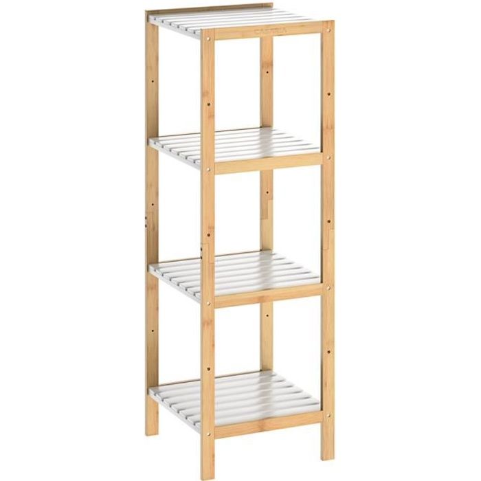 Étagère en bambou 4 niveaux Meuble de rangement avec tablettes blanches Charge max. 40 kg Maison intérieur salle de bain