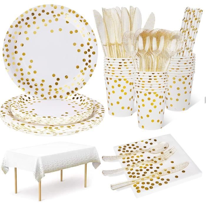 24 Invités Vaisselle Anniversaire Assiette Carton Noire Or, Gobelets Et