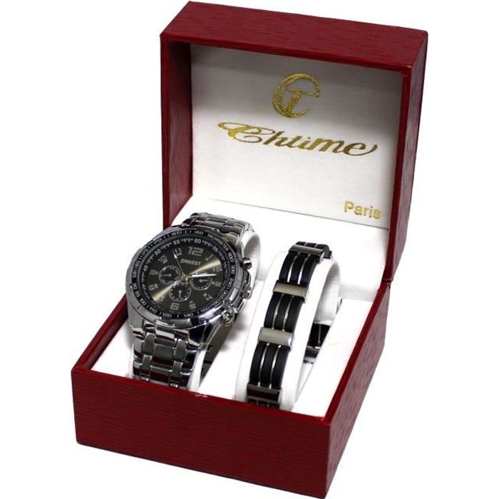 COFFRET MONTRE HOMME ERNEST SILVER CADRAN NOIR PLUS UNE GOURMETTE ACIER INOXYDABLE