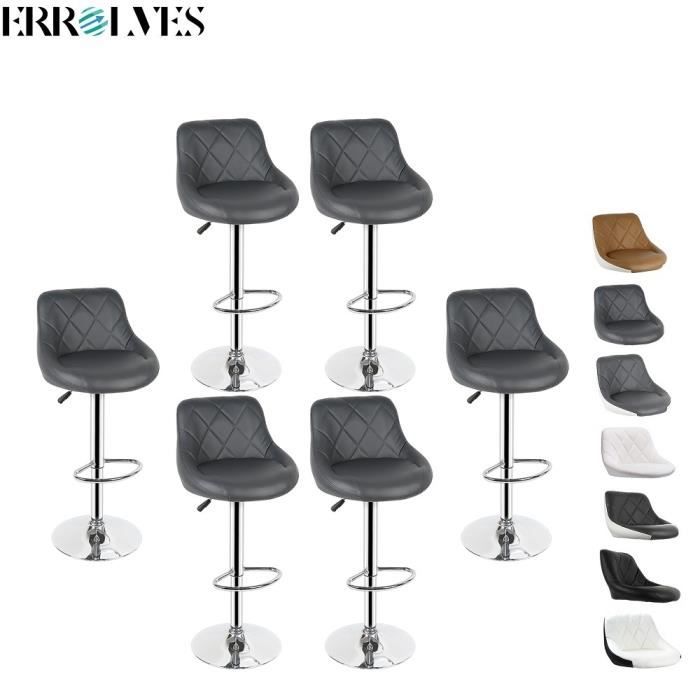 errolves® tabouret de bar design réglable simili gris et acier inox chomé, 6pcs chaise de loisir rotatif 360°