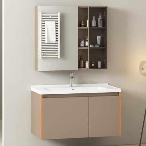 ensemble de meubles de salle de bain, meuble vasque suspendu largeur 90 cm avec lavabo en céramique, tiroirs, meuble miroir
