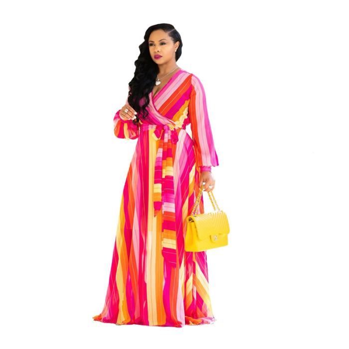 ROBE Femme - longue imprim?�e ?� manches longues en mousseline de soie boh?�me - style1 rouge WH 