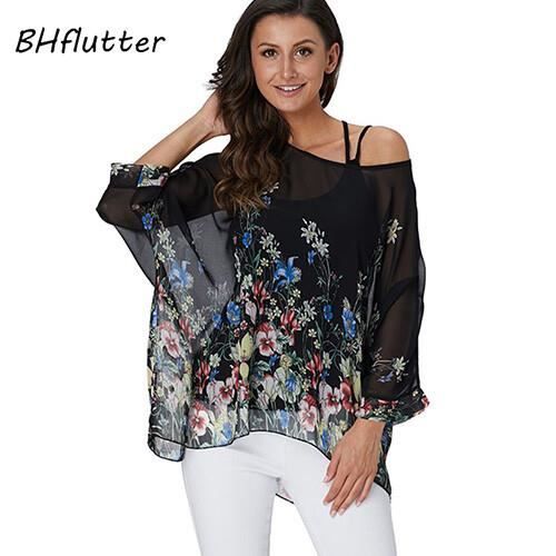 Chemisier Femme Lagenlook Mousseline Soie - Manches Chauve-Souris Imprimé Bohème - CuteSwan