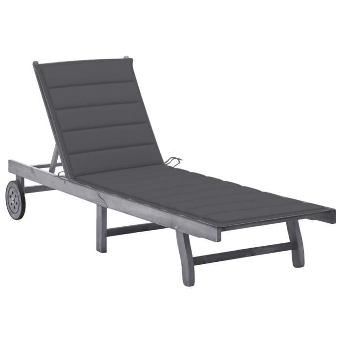 9004NEU- Chaise longue de jardin Chaise Inclinable avec Coussin Transat Bain de Soleil Gris Bois dacacia solide SIZE:200 x 59-63 x