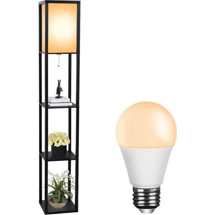 1.6m Lampadaire Bois Lampe Étagère E27 avec Ampoule - Noir