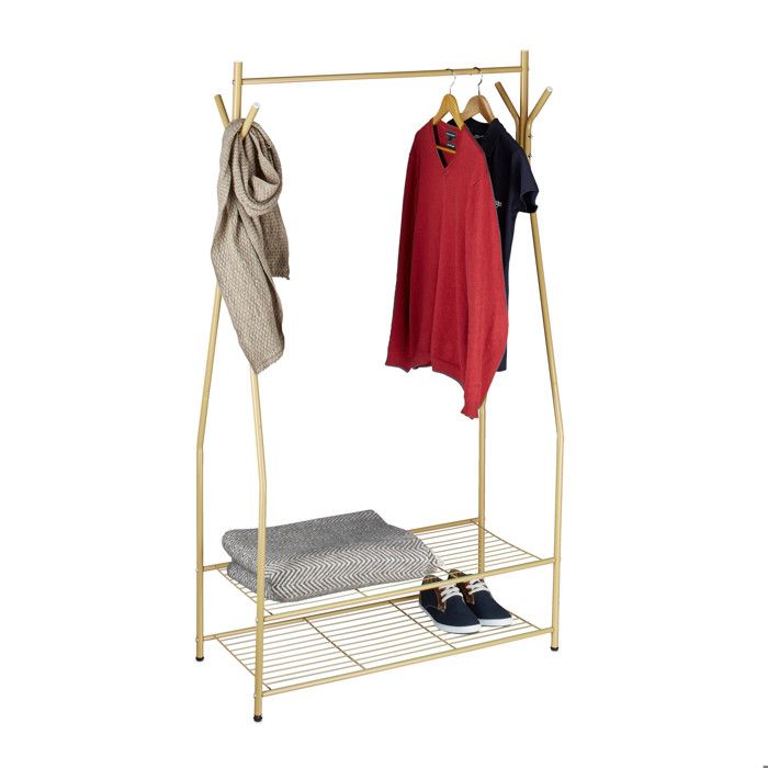 Relaxdays Porte-manteaux métal avec 2 étagères à chaussures pour bottes HxLxP 162x90x40 cm brun miel