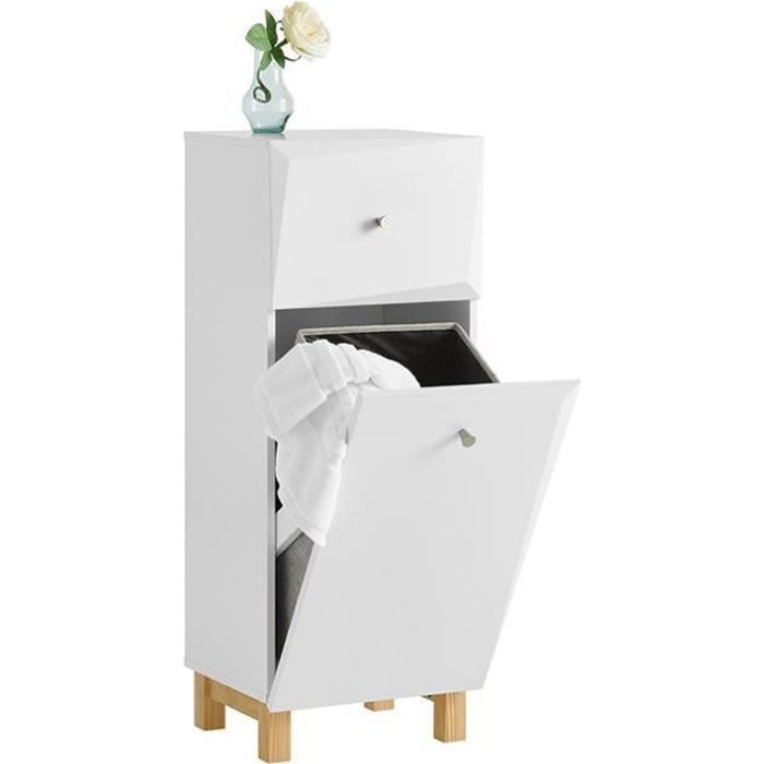 SoBuy Armoire à Linge avec Panier Amovible et Tiroir Meuble de Rangement pour Salle de Bain Blanc 34x30x90 cm