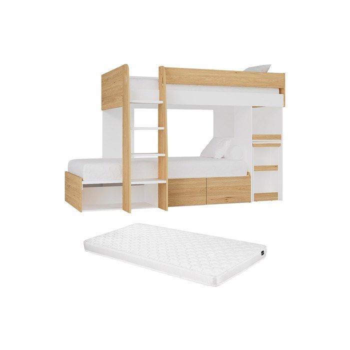 Lits superposés 2 x 90 x 190 cm avec bureau et rangements - Coloris : Naturel et blanc + Matelas - LOMIDEN