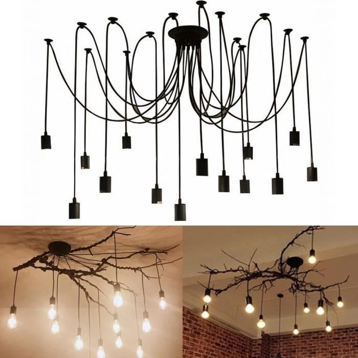 UNI 14 Tête Lustre Suspension Vintage Rétro LOFT Plafonnier Araignee Pendentif Noir