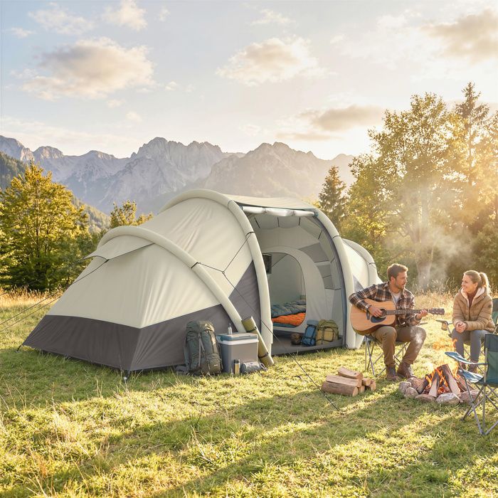 Tente de camping gonflable avec pompe, tente gonflable for 4 à 6 personnes, tente de glamping, 4 saisons, imperméable, coupe-vent, tente extérieure gonflable, tente tipi en toile Oxford avec fenêtres