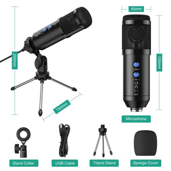 Microphone USB Avec Trépied - Pour Streaming, Enregistrement, Gaming, Ordinateur, Réduction De Bruit, Filtre Anti-pop Inclus