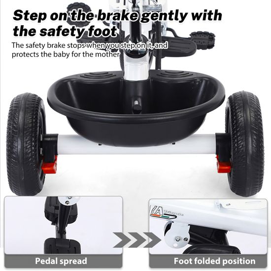 Tricycle Évolutif 5-en-1 pour Enfants, Barre de Poussée Ajustable, Capacité 20 kg, Poussette Canne Compacte avec Panier et Canopy, Lumières et Musique, Siège Pivotant Réglable (Blanc