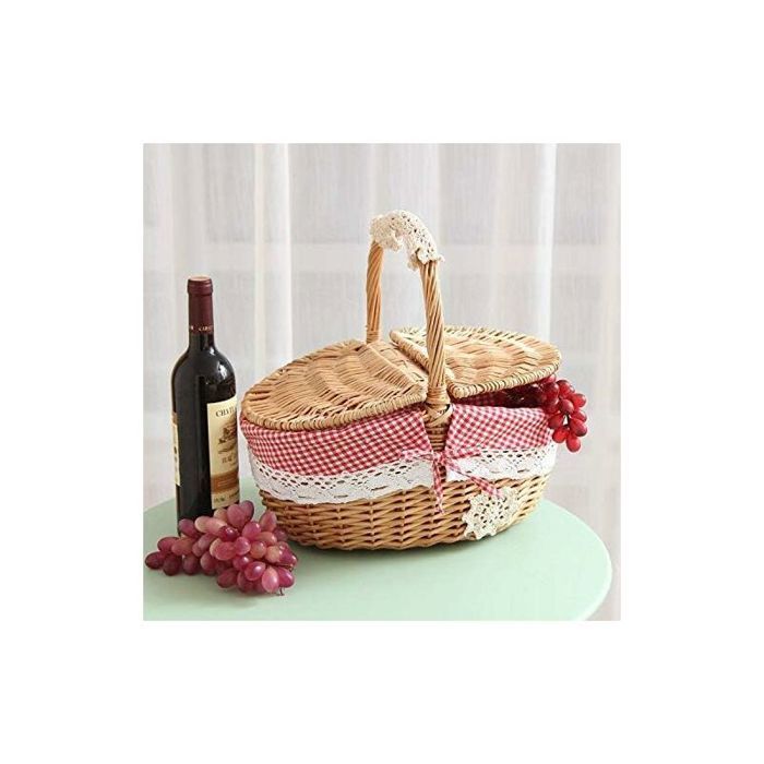 Panier De Pique-nique En Osier Avec Couvercle Et Doublure Amovible - Taille 31x23x14 Cm - Idéal Pour Sorties, Plage, Décoration