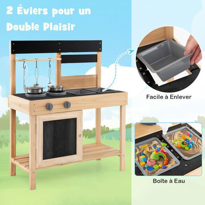 Cuisine Extérieure En Bois DREAMADE - Avec Bac à Plantes, Tableau, évier - Jeu De Rôle 3 Ans+ - Bleu