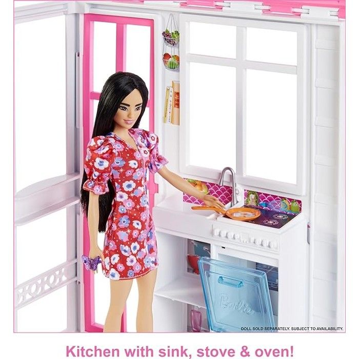 Barbie Maison De Poupée Meublée Avec Espace 360° - 2 Niveaux Et 4 Zones De Jeu - Chiot Et Accessoires Inclus - Pour Fille 3-7 Ans - Repliable Et Transportable