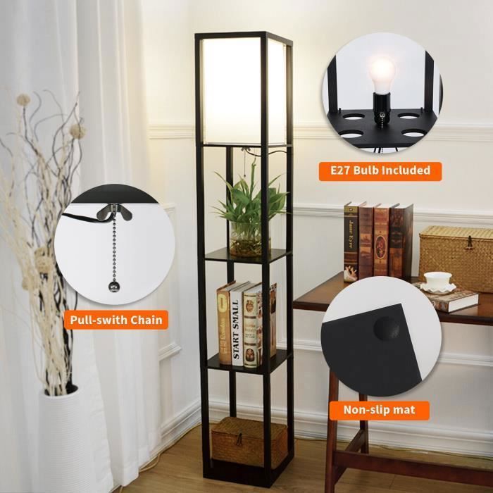 Lampadaire Design Bois Et Métal Noir – 2 Abat-jour En Lin, Interrupteur Intégré, Douille E27 (ampoule Non Incluse), éclairage Salon