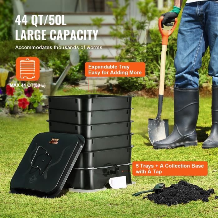 Composteur de Jardin - VEVOR - Lombricomposteur Bac à ​Compost 5 Plateaux  50 L pour Intérieur Extérieur