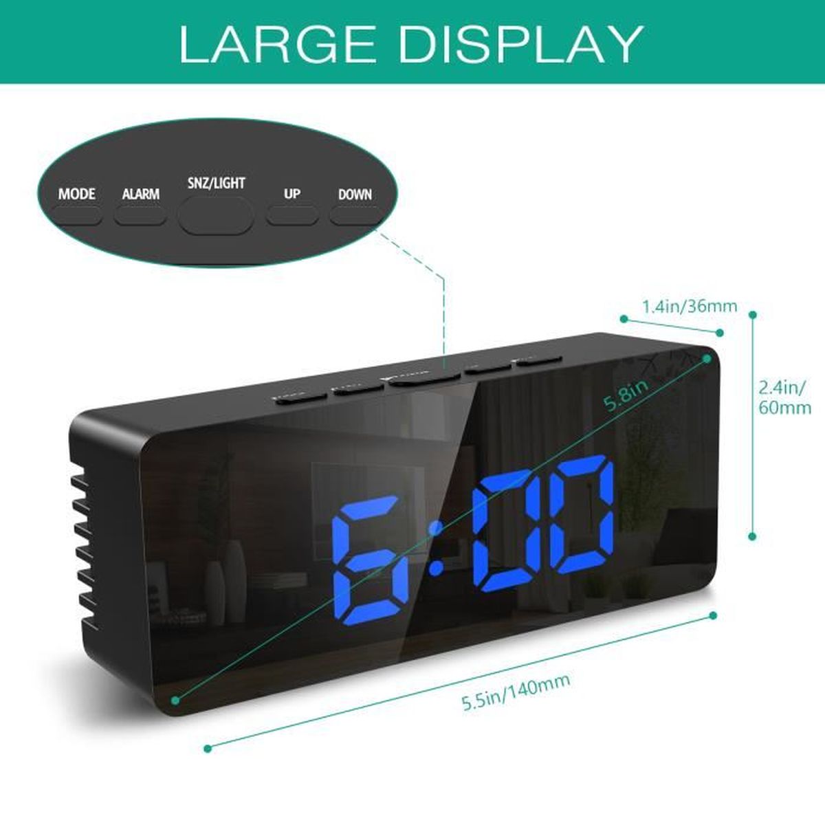 Réveil Numérique Avec Miroir Surface LED Affichage Temps Voyage Protable Maquillage Horloge