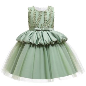 ROBE 4-13 Ans Fille Robe Enfant Robe Brodée de Fleurs Robe de Soirée sans Manche Robes d'été Robe élégante Robe en Tulle,Vert