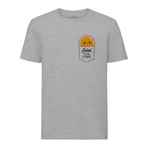 T-SHIRT T-shirt Homme Col Rond Gris Soleil plein les Poches Illustration Dessin Soleil Mignon