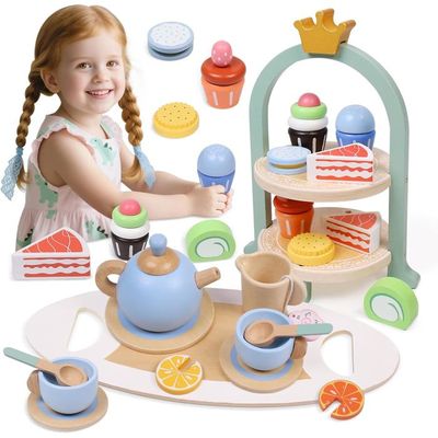 Service à Thé En Bois Pour Enfants – 15 Pièces Avec Plateau, Théière, Tasses, Gâteaux – Jeu De Rôle Éducatif – Dès 3 Ans – Cadeau Anniversaire