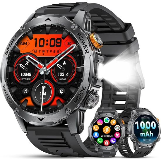 Montre Connectée LIGE Homme - Écran 1,75", Batterie 1000mAh, Lampe LED, 120 Modes Sport, IP68