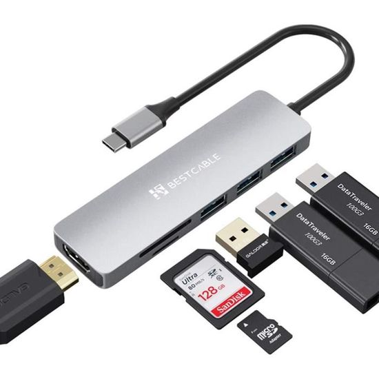 Adaptateur Lecteur De Cartes 6 En 1 - Ports USB-A, USB-C, Micro USB - Double Slot SD/Micro SD - Compatible Smartphones Et PC - 1