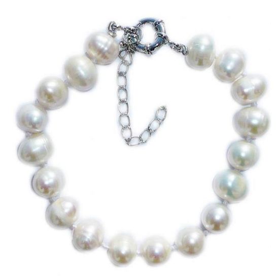 Bracelet Perles Blanches 10mm Avec Charm Argenté Strass Clair De Lune - Neuf, Style Amitié Et Amour